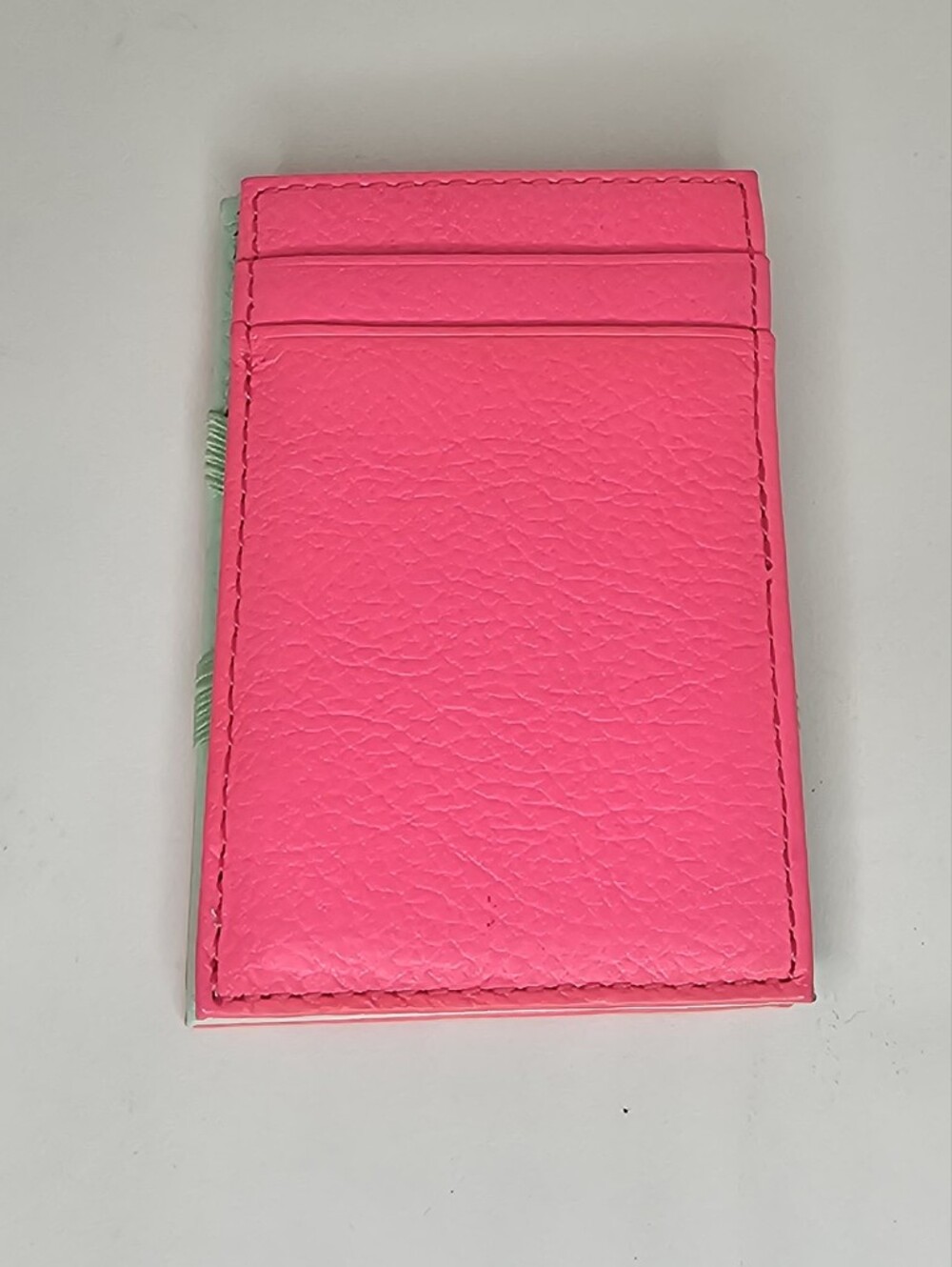 J.Crew Neon Pink Mint Green Leather Magic Wallet Minimalist Slim Card Holder - Picture 3 of 4